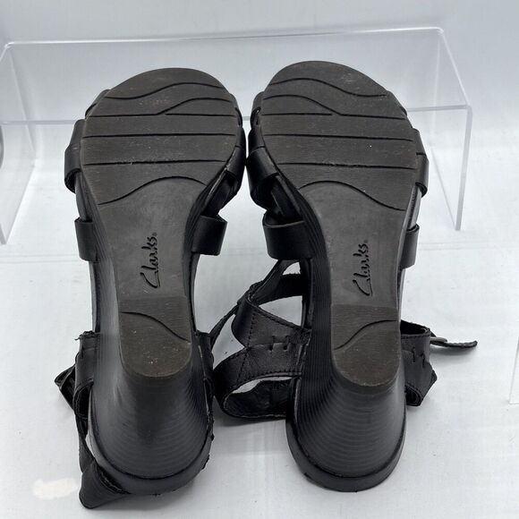 Clarks Bendables Black Leather Strappy Wedge Sandals Women’s 8.5 Comfort Buckle - Picture 10 of 13